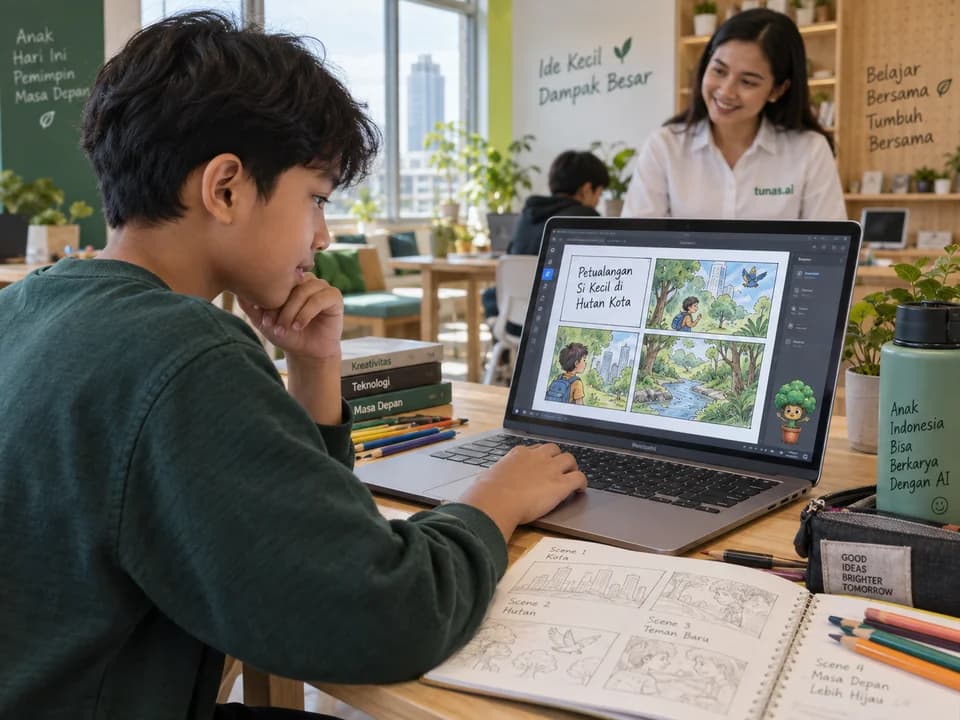 Learning scene of a child creating a story with the Gaia platform