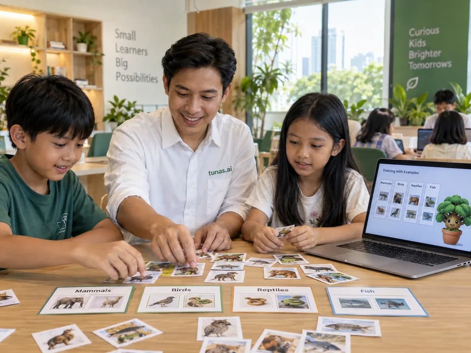 Learning scene of a child exploring AI with a teacher