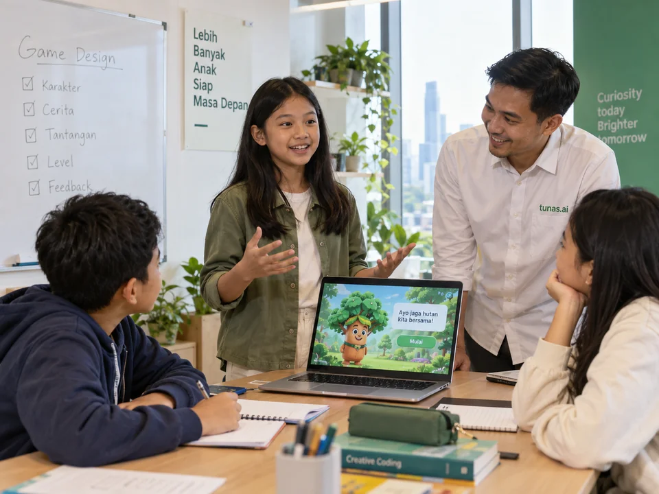 A child sharing a project with a teacher and classmates