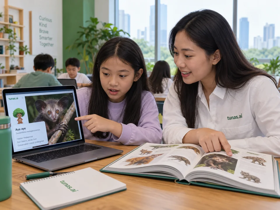 A child and teacher checking an online image together