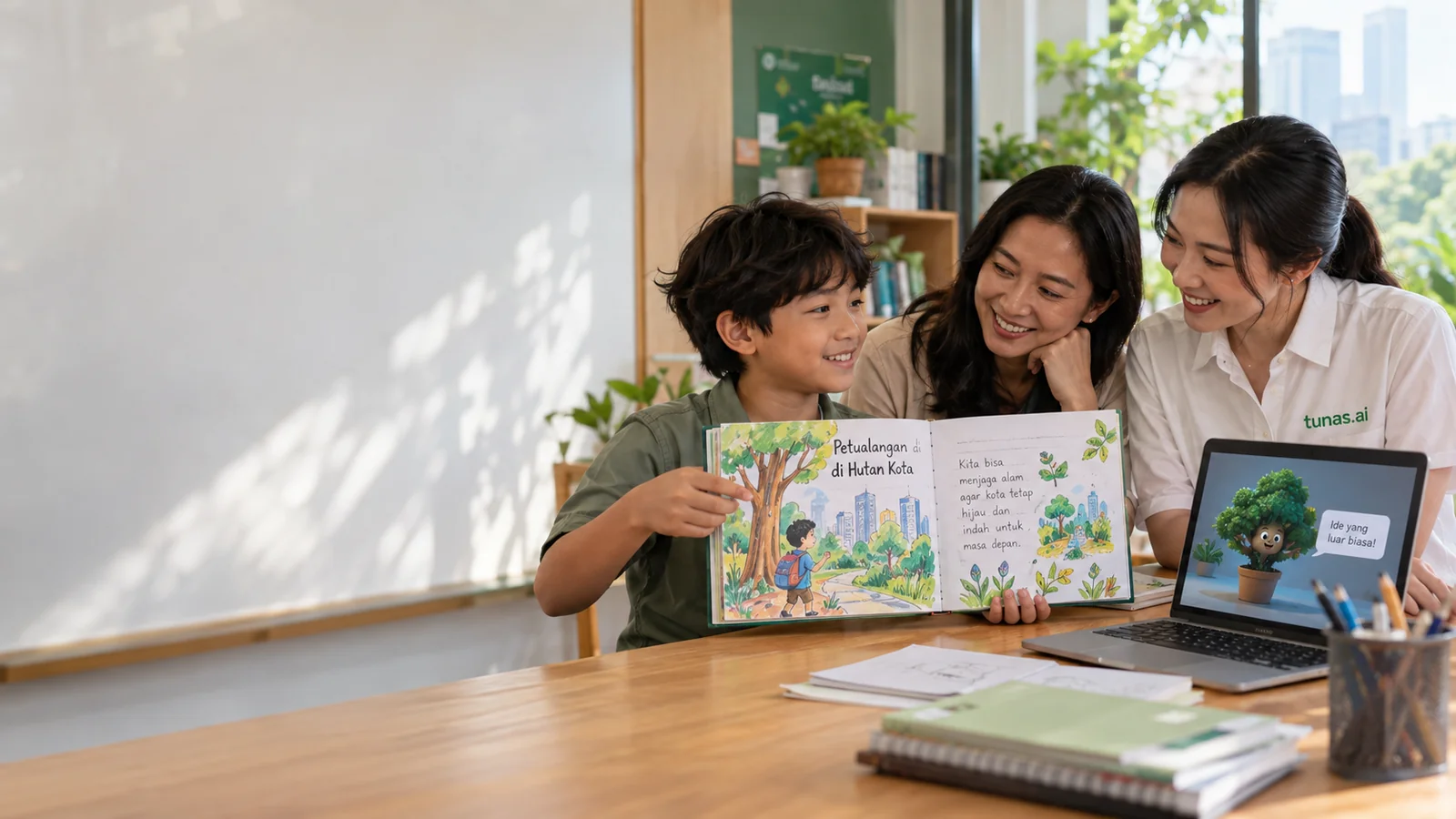 Tunas.ai learning scene: a child proudly shares a finished project with a parent and teacher